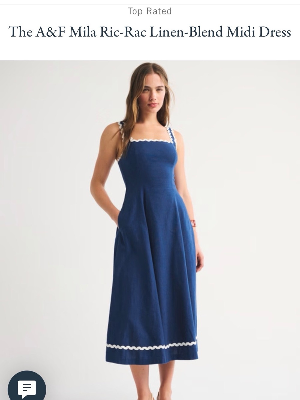Abercrombie & Fitch Navy Linen-Blend Midi Dress with White Ric-Rac Trim